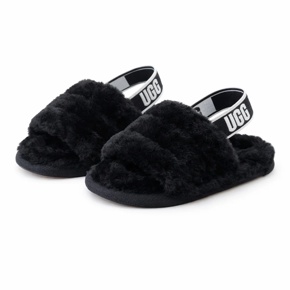 UGG Toddler Oh Yeah Fluffy Shearling Sheepskin Slingback Slipper Black 6